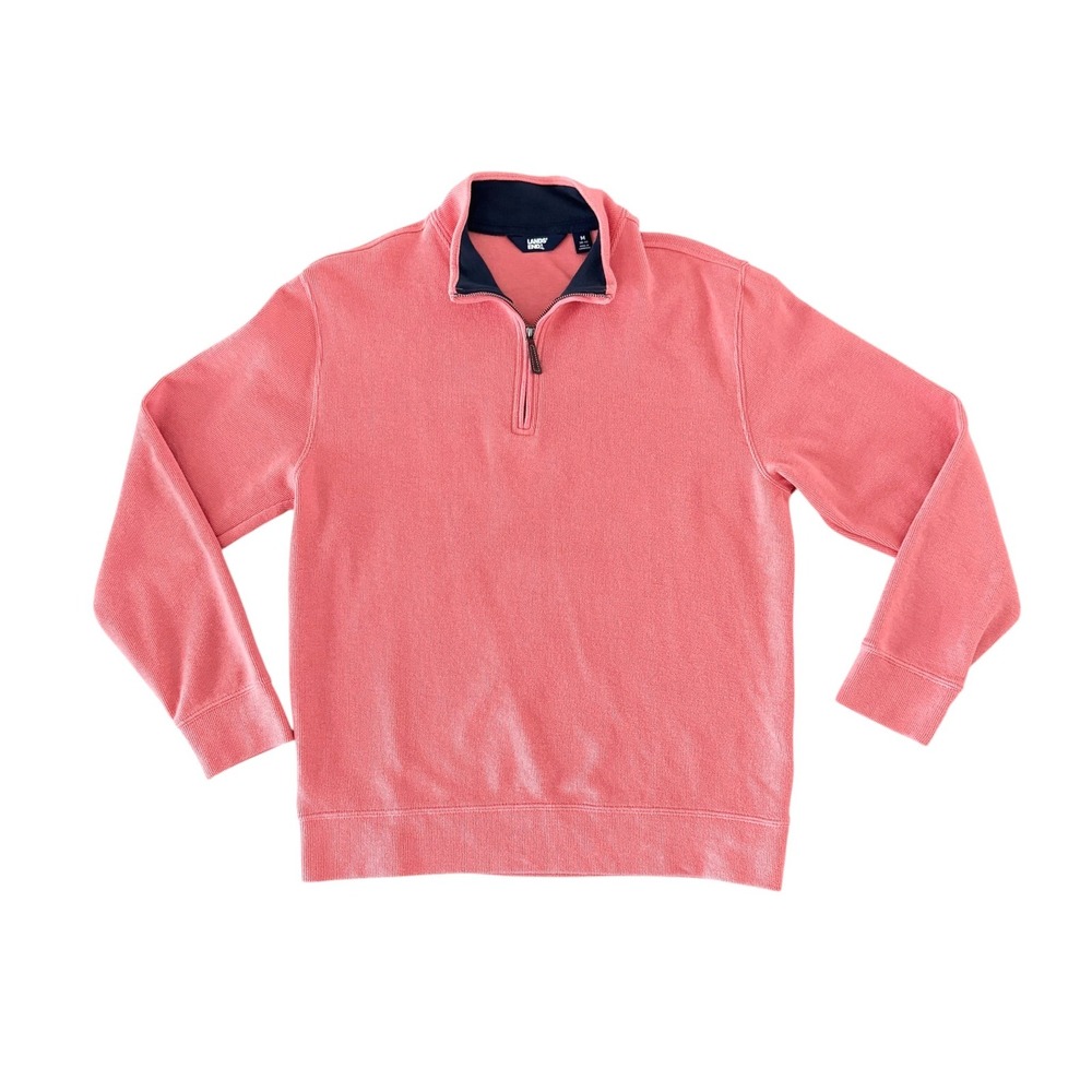 Lands' End Mens Ribbed Knit Quarter Zip Pullover Sweater M Coral Preppy Dad Core